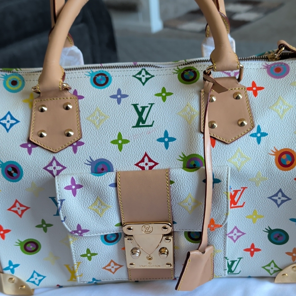 Louis Vuitton Multicolor Monogram White Canvas Satchel with Natural Leather Trim